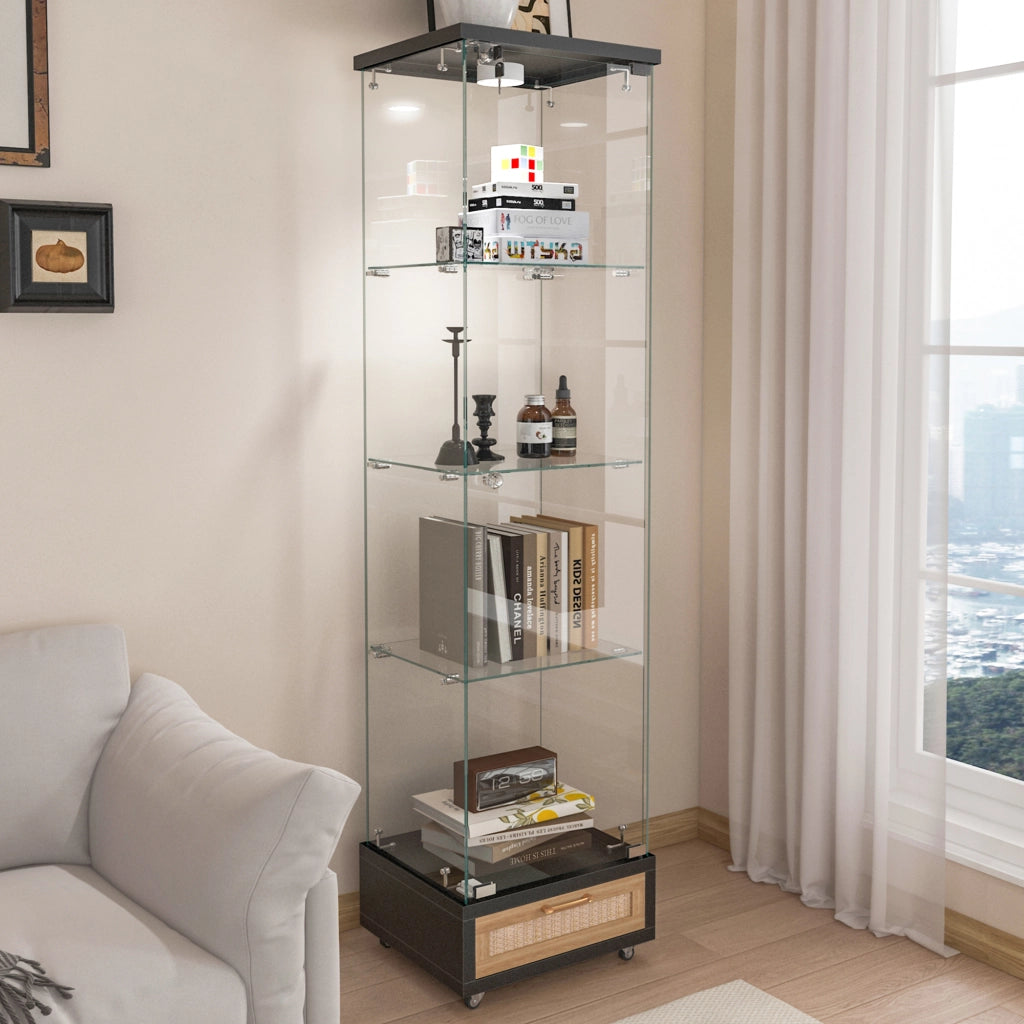 Vetrina con 1 anta; 4 ripiani; cassetti e LED - per soggiorno - 42.5×36.5×167 cm - nero