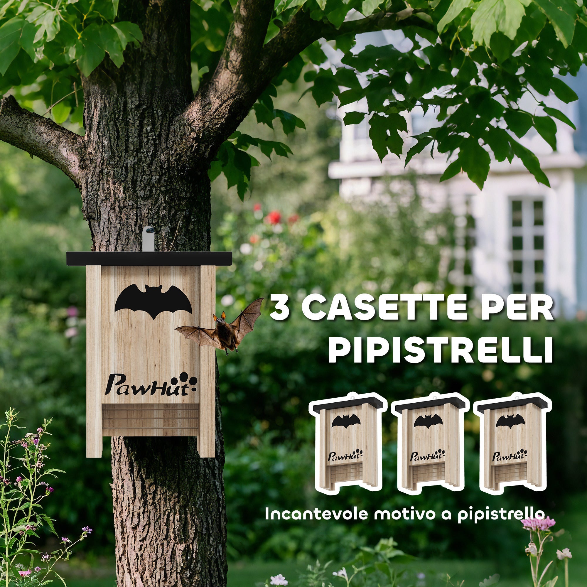 Set di 3 Casette per Pipistrelli Bat Box 18x6x22,5 cm in Legno di Abete