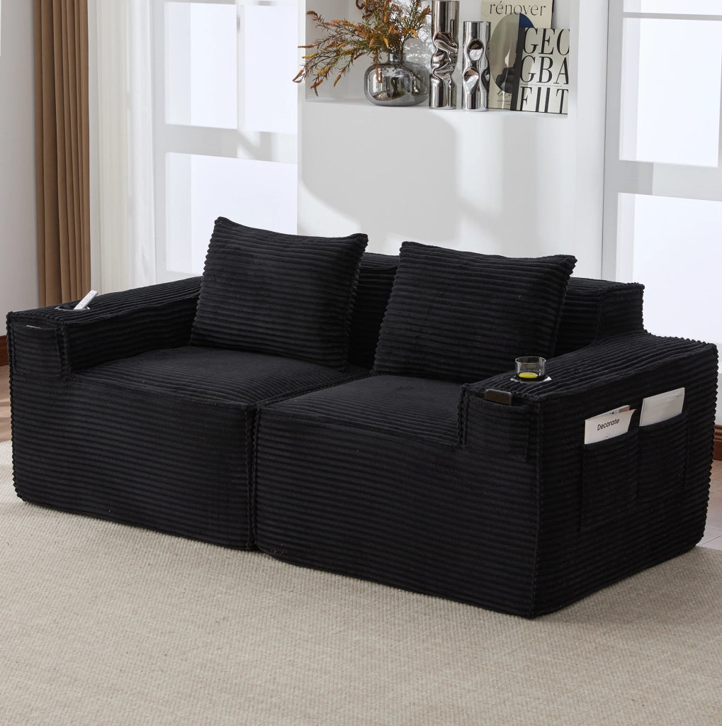 Divano modulare 2 posti 188x90x75 cm nero con portabicchieri, velluto a coste,