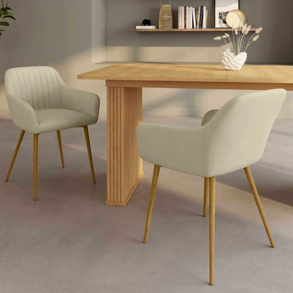IDMarket - Set di 2 sedie da pranzo e poltrone da tavolo LINE in velluto beige con gambe effetto legno