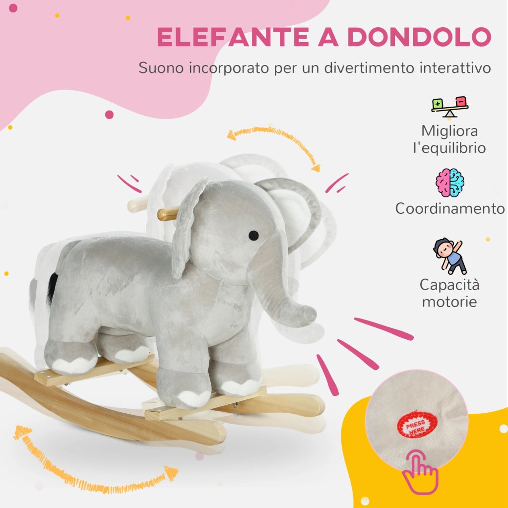 Cavallo a Dondolo per Bambini 2-4 Anni a Forma di Elefante con Suoni e Rivestimento Morbido, Grigio