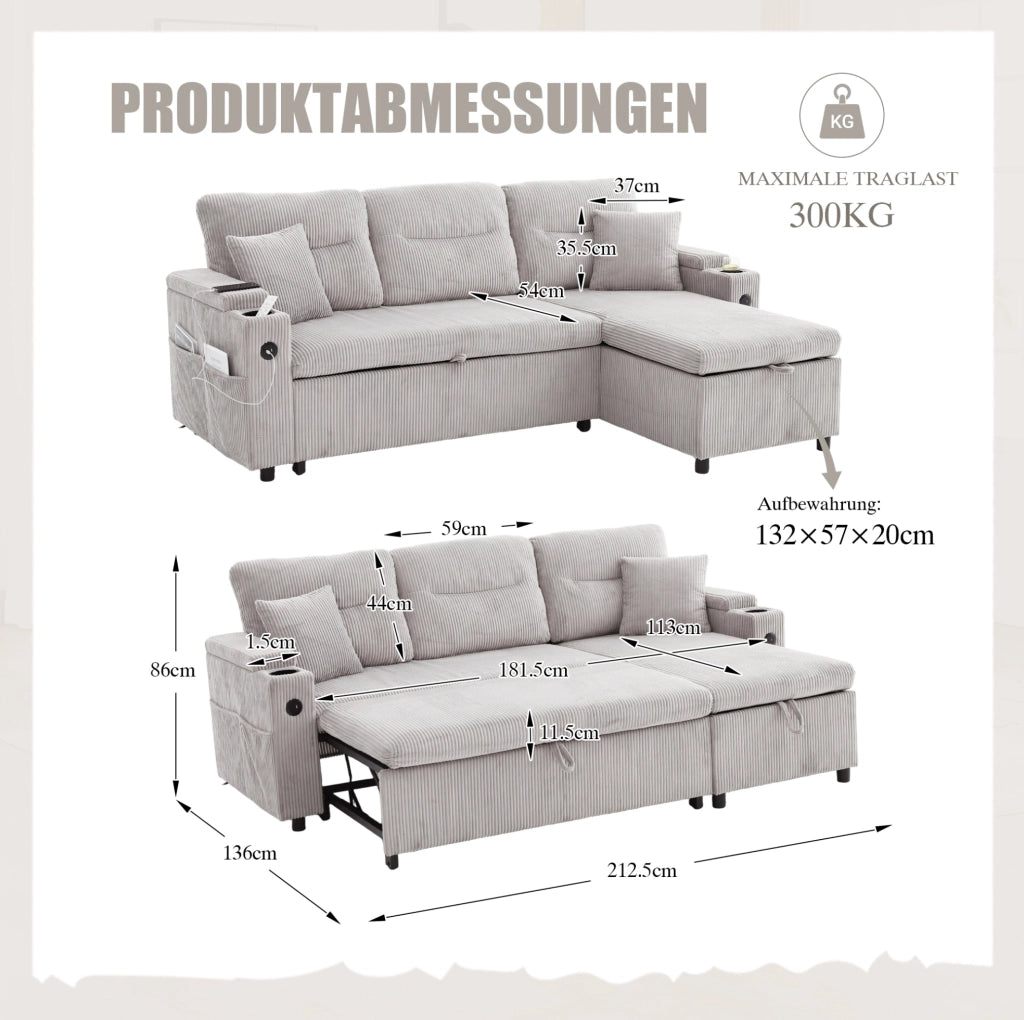 Divano 3 posti con chaise longue idraulica e letto estraibile 212;5x136x86 cm in cord grigio chiaro