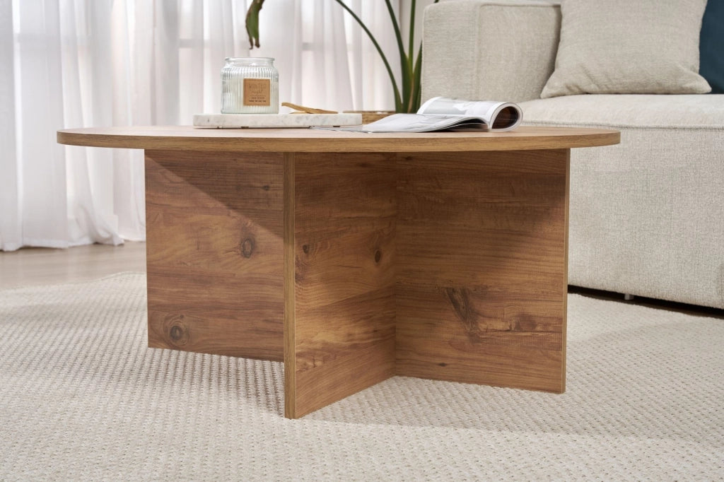 Simbario, Tavolino da Salotto Forma Rotondo, 90x90x40h cm Marrone Rovere Nodi