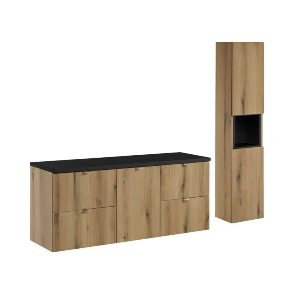 Set VANO effetto rovere e nero 170cm: mobili sottolavello con cassetti e cesto portabiancheria integrato + piano per lavabo + colonna