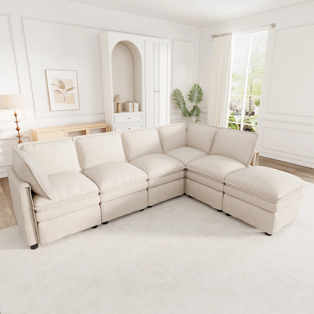 Divano modulare a U con funzione letto e pouf mobile in chenille beige con seduta doppia 6 posti 344 × 127 × 91 cm