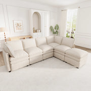 Divano modulare a U con funzione letto e pouf mobile in chenille beige con seduta doppia 6 posti 344 × 127 × 91 cm