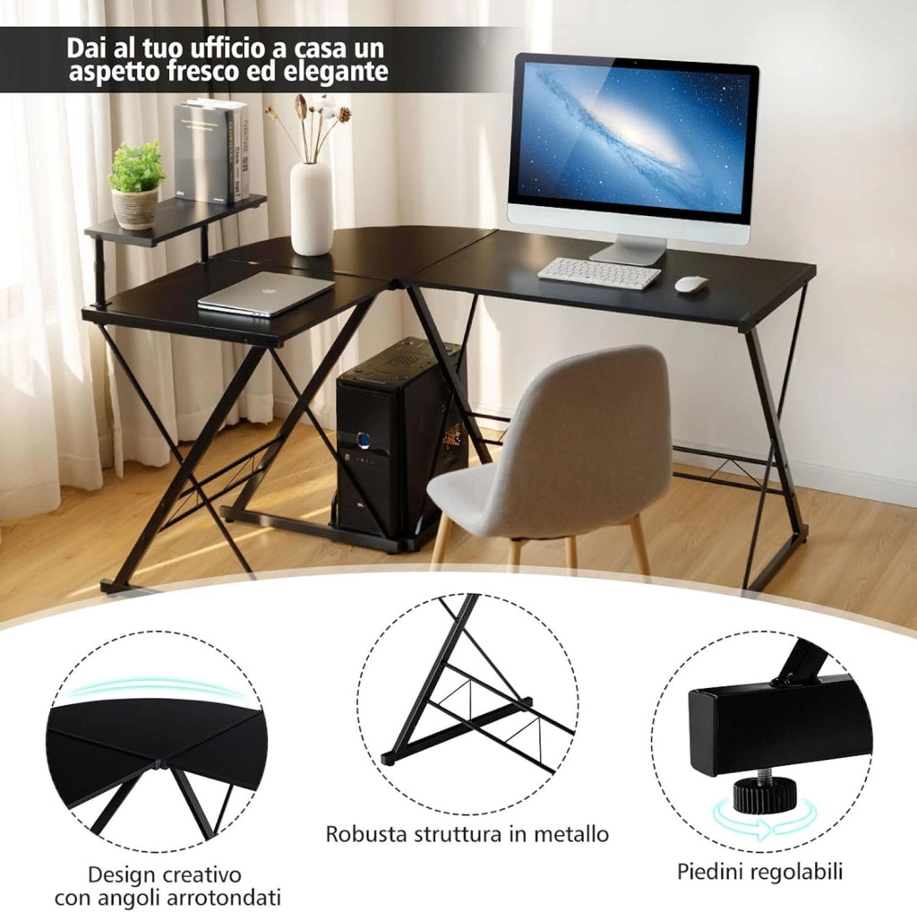 Scrivania Angolare Salvaspazio, Scrivania di Metallo e Legno con Supporto per Monitor e Ripiano, Scrivania ad Angolo Staccabile per Ufficio e Casa (Nero)