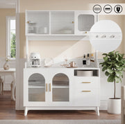 Credenza alta 120x40x178 cm in truciolare bianco con frontale in acrilico e prese USB