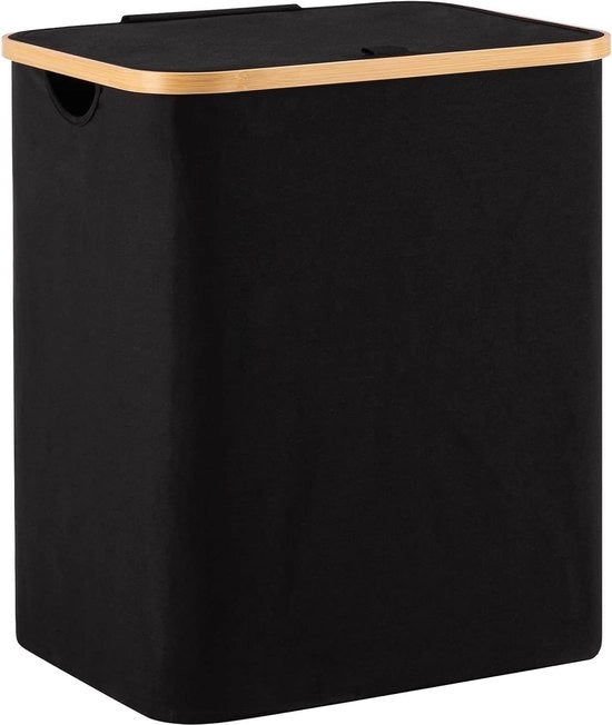 Scatola per il bucato, 66 litri, contenitore per il bucato con sacchetto per il bucato, grande cassetto per la separazione del bucato, legno, bambù, capiente scatola per il bucato, nero