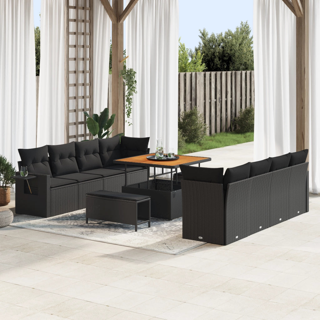 Set di divani da giardino  11 pezzi con cuscini Nero Polyrattan Acacia