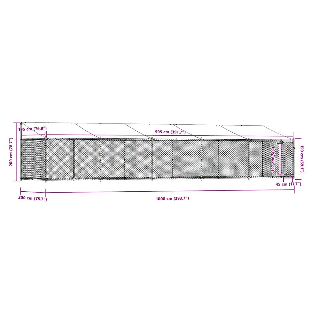 Gabbia Cani con Tetto e Porta Grigia 10x2x2 m Acciaio Zincato 3209571