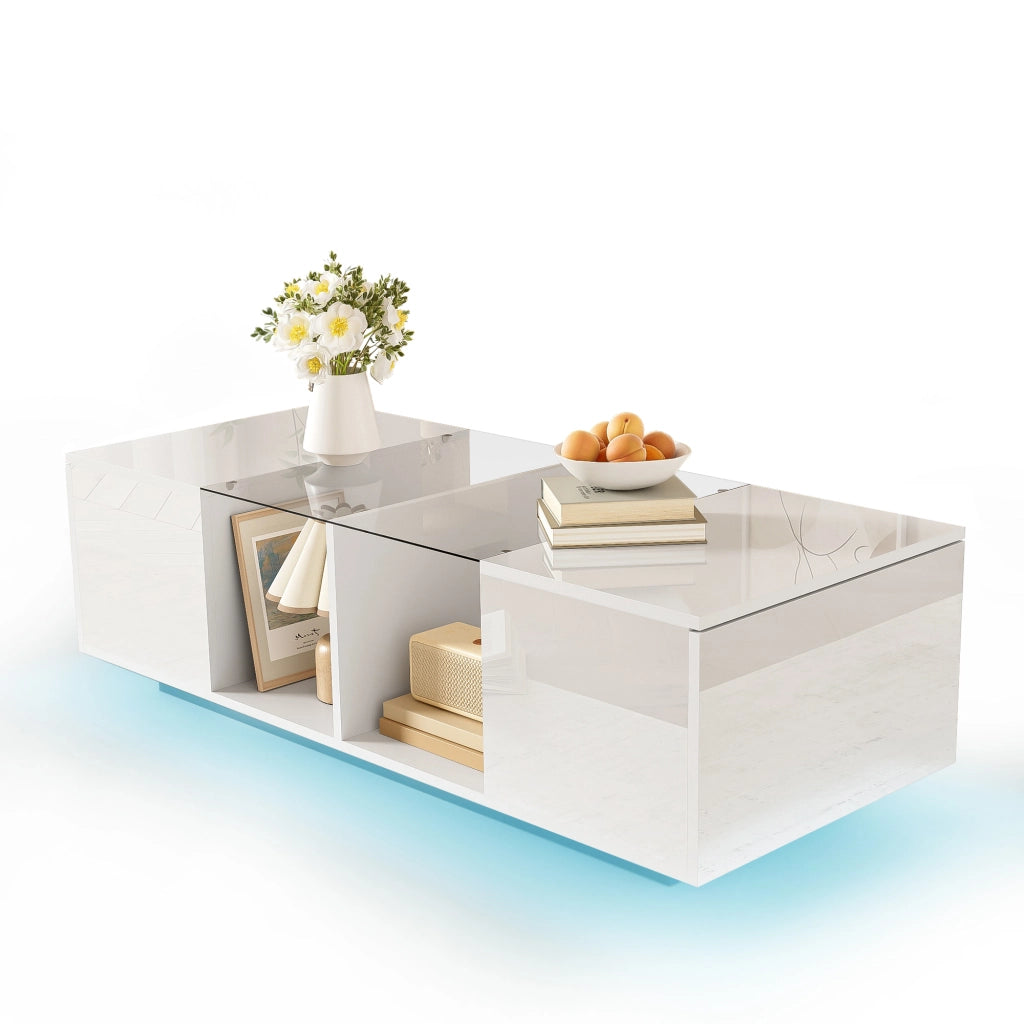 Tavolino da Salotto con 2 Ante e LED Bluetooth 16 Colori; Piano in Vetro; Bianco Lucido; in MDF e Truciolare; 120×50×38;5 cm