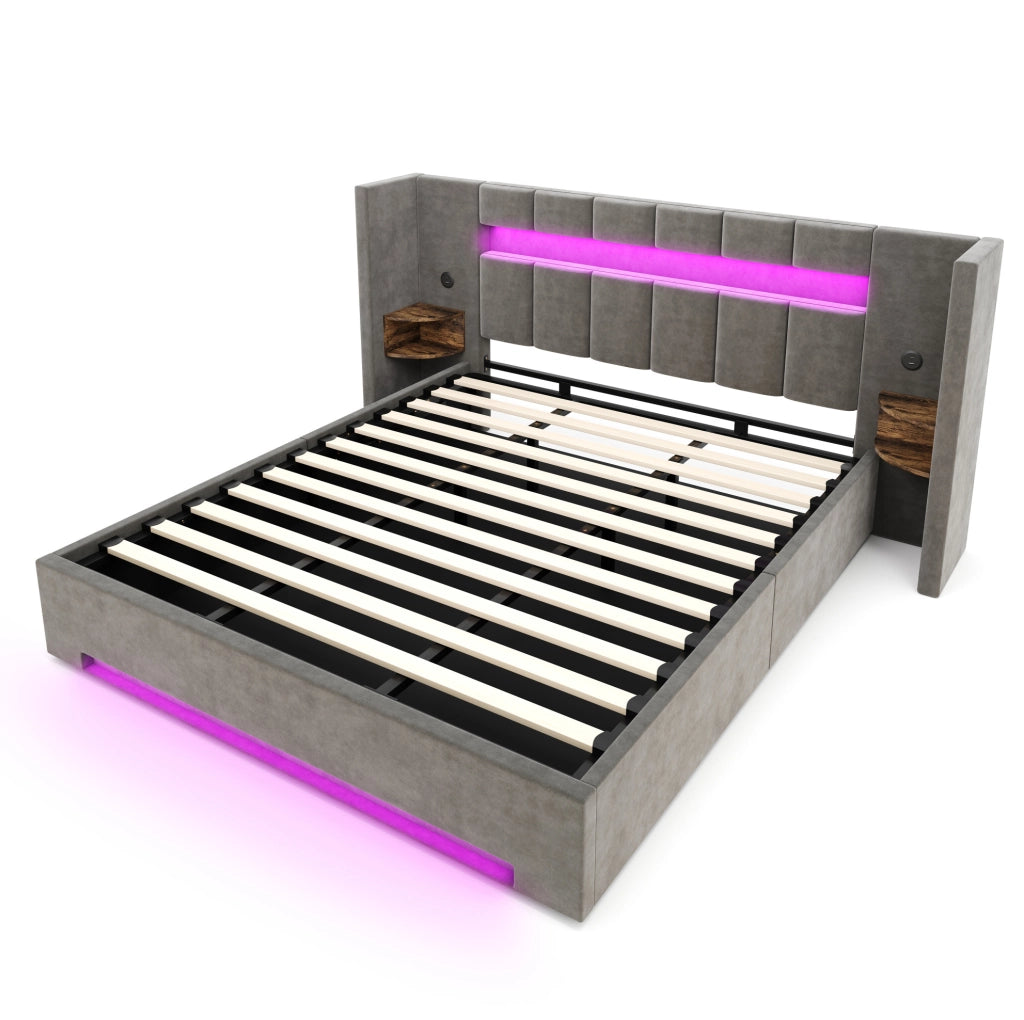 Letto 180x200 cm con contenitore; USB e LED in velluto grigio scuro