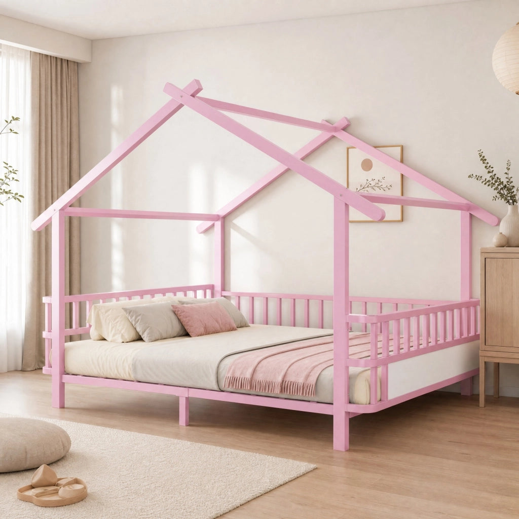 LETTO per bambini 140 x 200 cm in metallo rosa con struttura a casa e sponde
