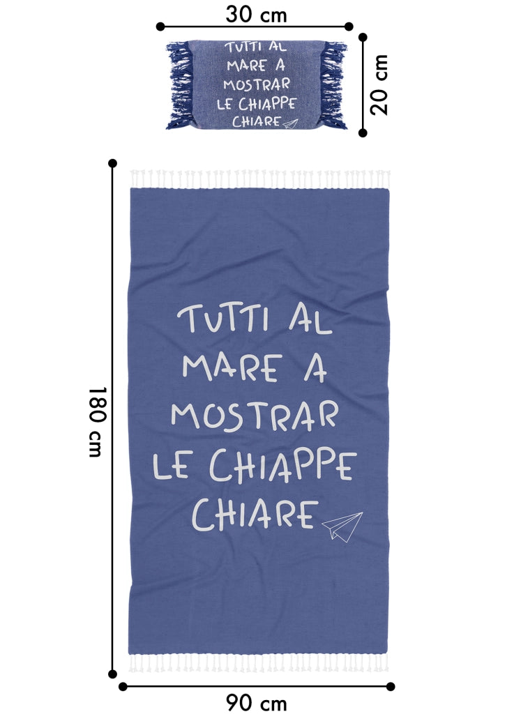 Telo Mare Con Frange Asciugamano Da Spiaggia Misura Grande 90x180 Cm Con Pochette Astuccio Assorbente In Morbido Cotone Leggero Stampa Tutti Al Mare AntiSabbia Lettino Vacanze Piscina Blu
