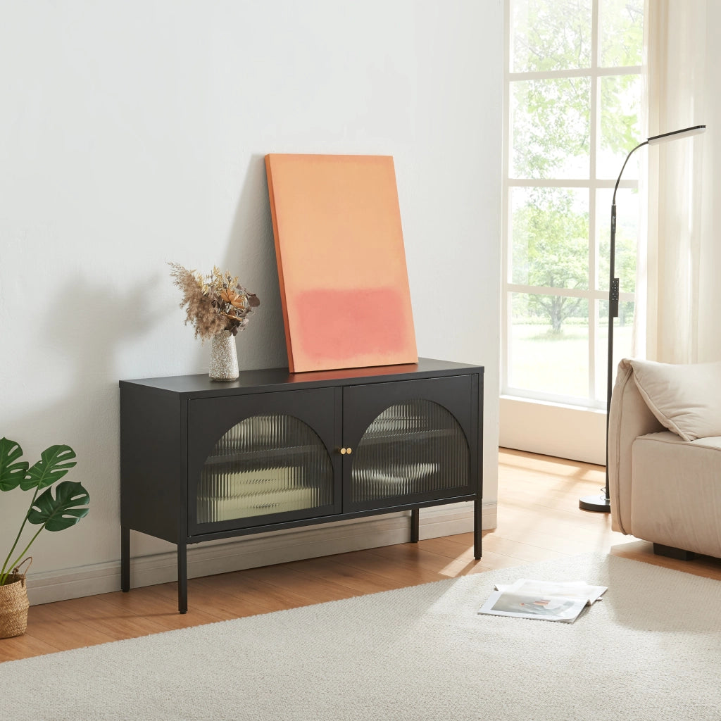 Mobile TV Karlskrona con Ante a Vetrata 115x35x64 cm Acciaio Nero Opaco [en.casa]