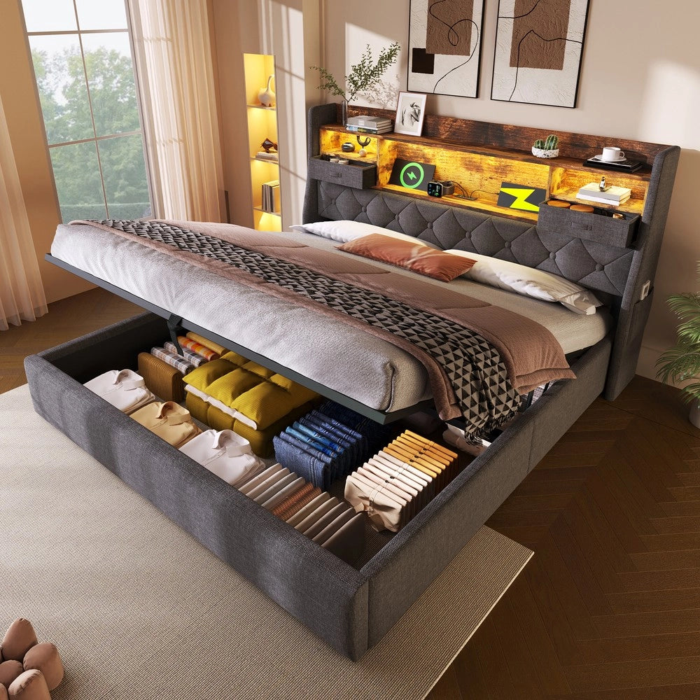 Letto Contenitore Imbottito 140x200 con LED e Rete a Doghe ¨C MINIMAL ¨C Grigio, con Materasso