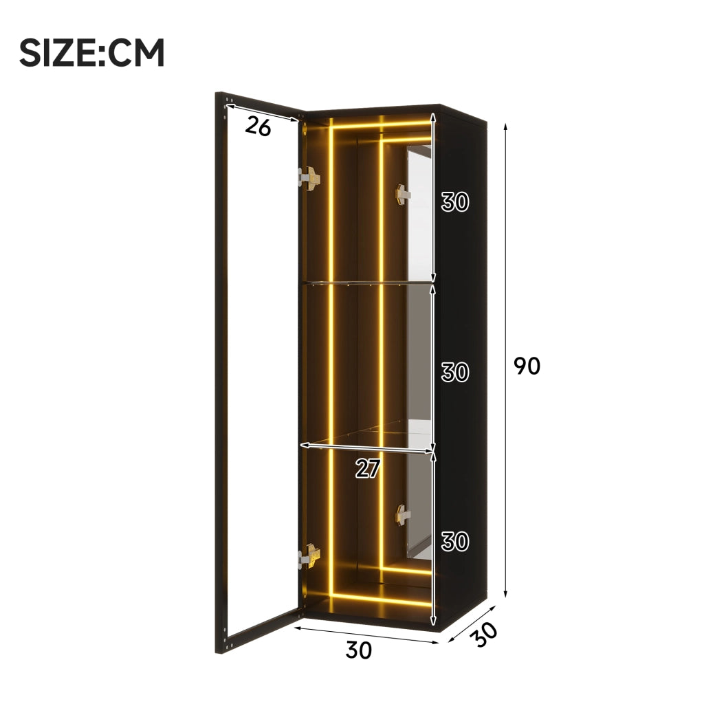 Vetrina con LED e 3 vani aperti, ripiani regolabili e ante in vetro temperato, per soggiorno, nero, 30 × 30 × 90 cm