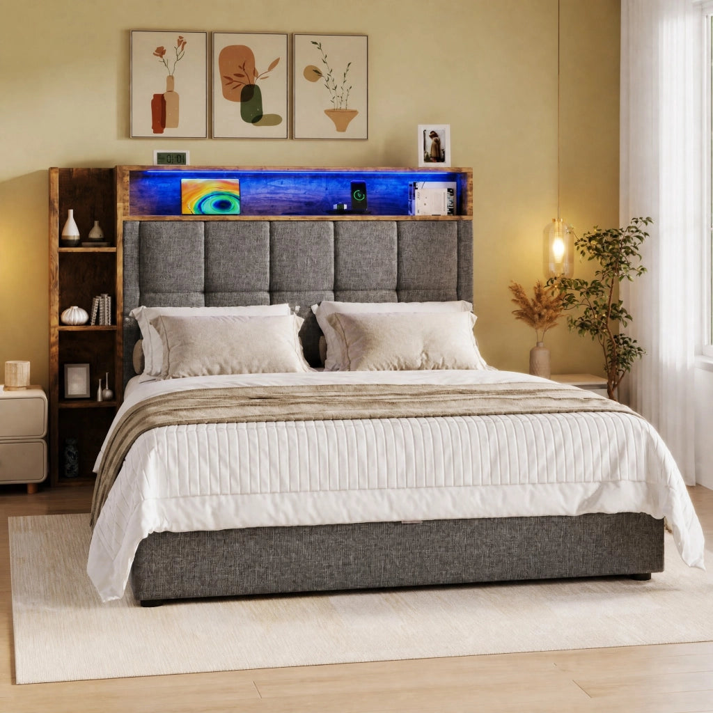 Letto imbottito ULEVR 90x200 cm con contenitore idraulico, LED, USB e Type-C, lino grigio