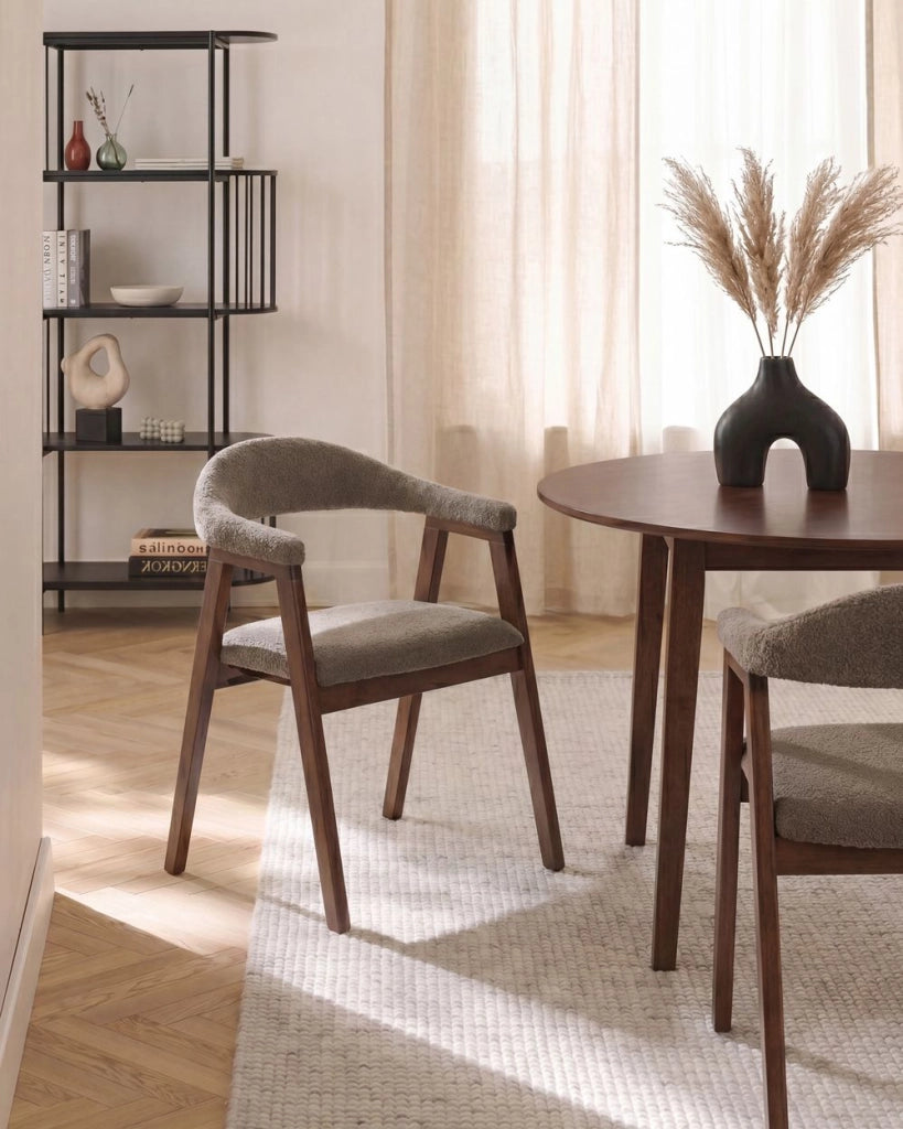 Set di 2 sedie da pranzo Marrone Seduta imbottita Schienale Boucle Poliestere Gomma Struttura in legno Stile retrò Sala da pranzo