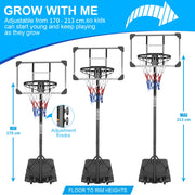 Canestro da basket regolabile 170–213 cm con ruote; base triangolare nera; per allenamento interno ed esterno