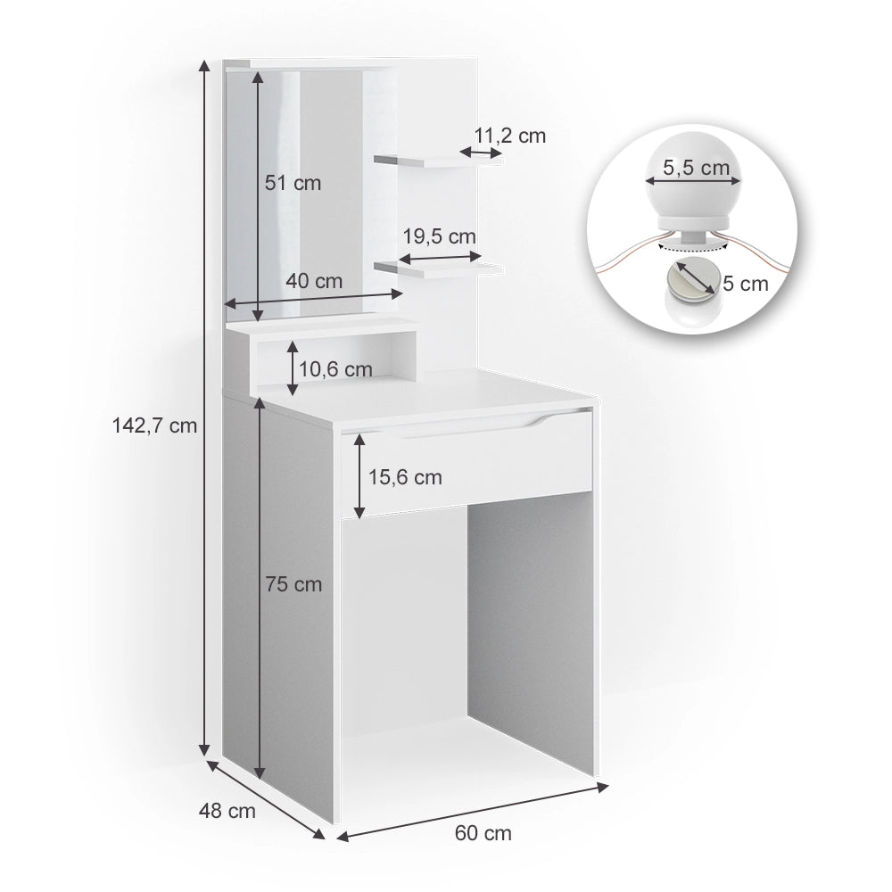Vicco Tavolo da toeletta Bianco 60 cm con illuminazione a LED