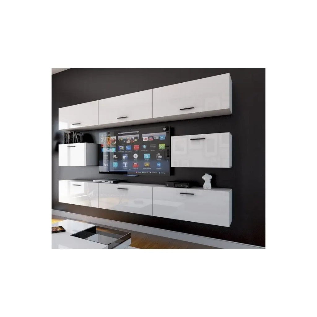 Set di mobili da soggiorno bianchi sospesi collezione CEPTO VII 249cm, 8 porte, modulari.