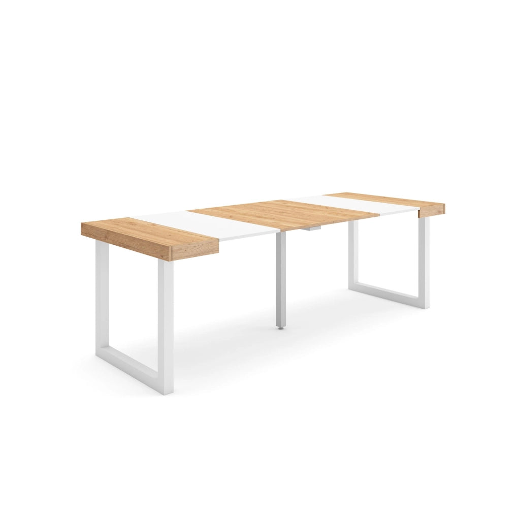 Consolle allungabile, 222x90x73cm, Per 10 persone, Gambe in legno, colore Rovere e bianco RF2973