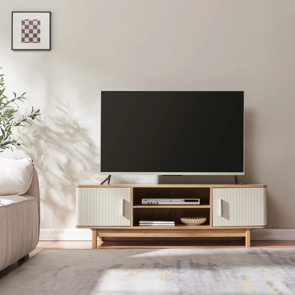 Mobile Porta TV Ferrersp a 2 Ante e Scomparti Aperti 140 x 40 x 45 cm - Effetto Rovere / Avena Oatmeal [en.casa]