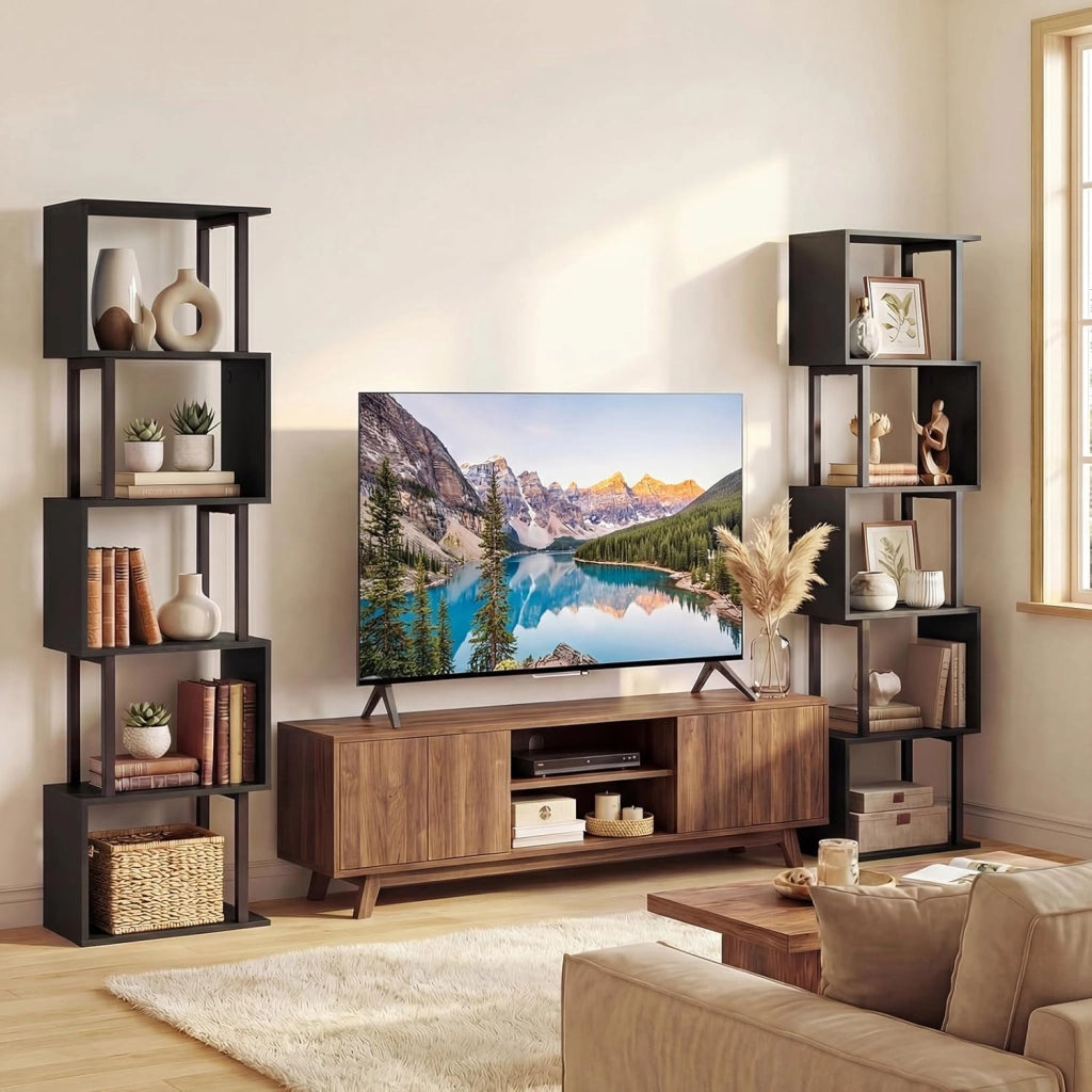 Libreria a 5 Livelli in Legno, Scaffale Espositore Geometrico con Struttura in Metallo, Mobile Portaoggetti Salvaspazio per Camera da Letto Soggiorno Ufficio, 38x23x147 cm (Nero)