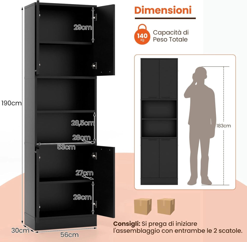 Credenza da Cucina, Mobile Buffet Alto con 2 Armadi a Doppia Porta e 2 Mensole Aperte, per Soggiorno, Cucina e Sala da Pranzo, 56 x 30 x 190 cm (Nero)