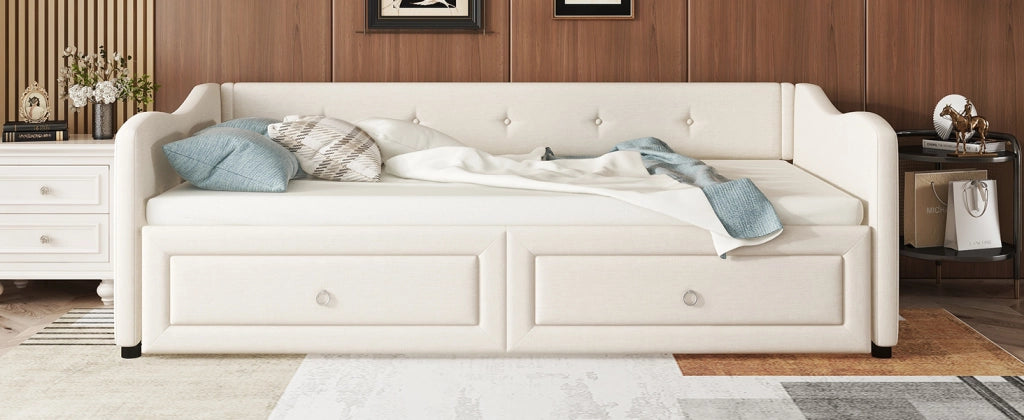 DESMIU Letto con rete estraibile 90 × 200 cm 1 piazza con 2 cassetti, senza materasso, in lino, beige