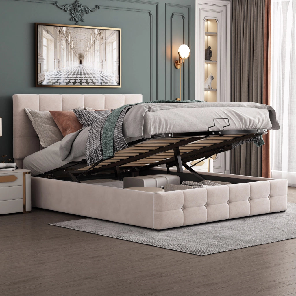 Letto matrimoniale imbottito 140x200 cm con contenitore idraulico; velluto crema