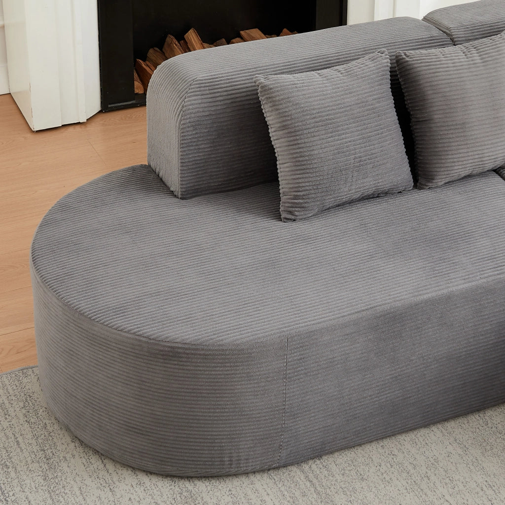 Divano angolare con chaise longue curva e 3 cuscini in velluto a coste grigio 220×155×70 cm