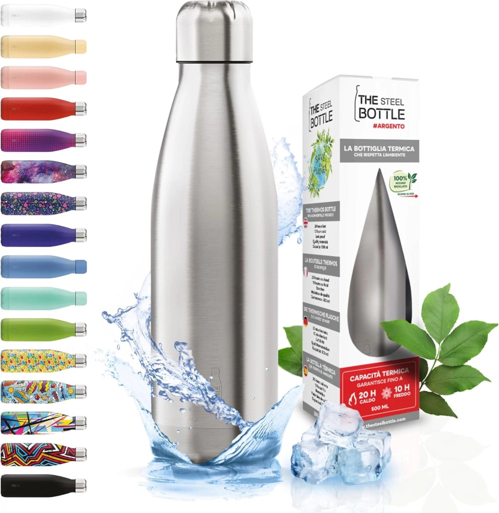 The Steel Bottle Bottiglia termica in Acciaio Inox Capacità 500 ml Chiusura Ermetica - Argento