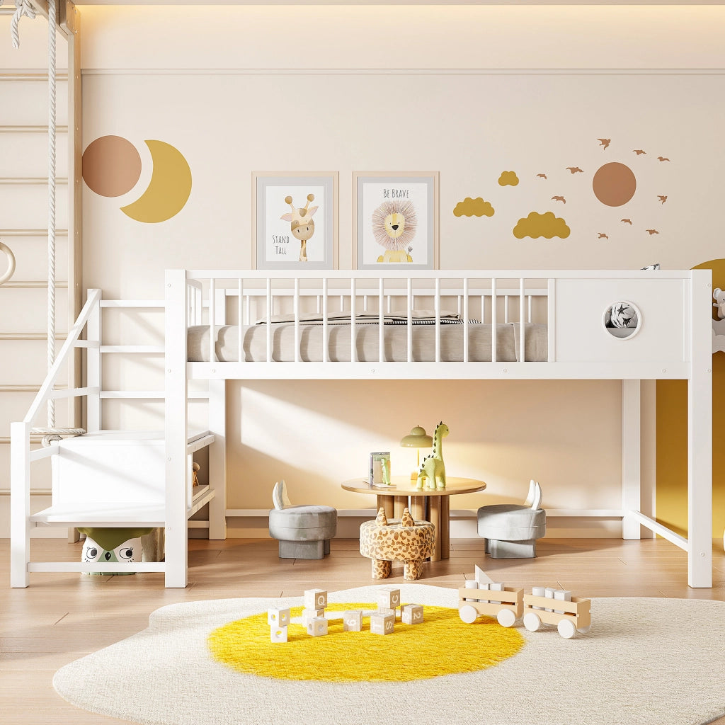 Letto a soppalco basso per bambini 90x200 cm in metallo, con scala contenitore, bianco