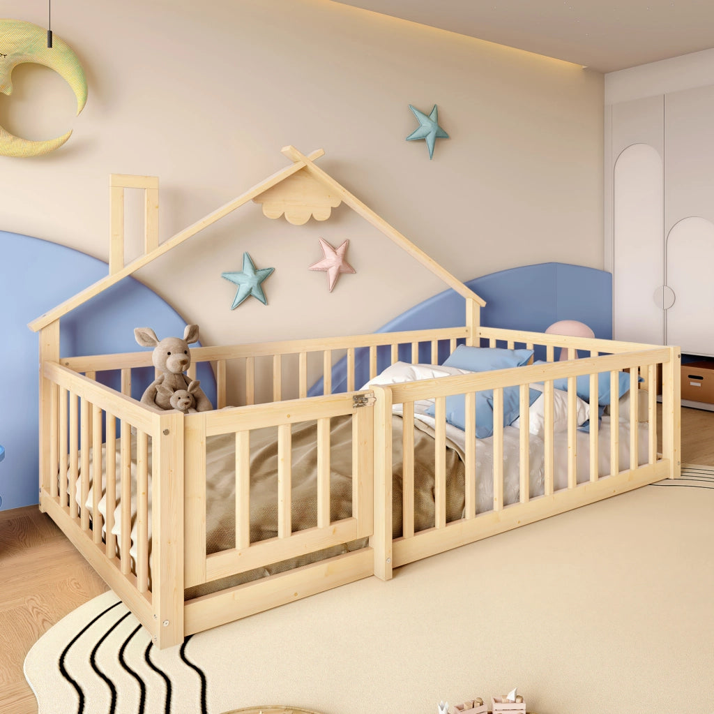 Letto per bambini 90x190 cm a forma di casetta in legno naturale