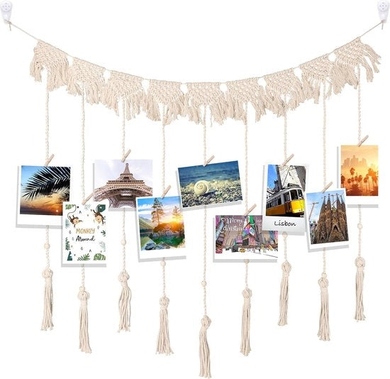Decorazione Macrame per Parete con 2 Ganci e 26 Fissaggi in Legno, Slingback Macrame per Fotografia, Decorazione per Casa, Ufficio, Bar, Scuola