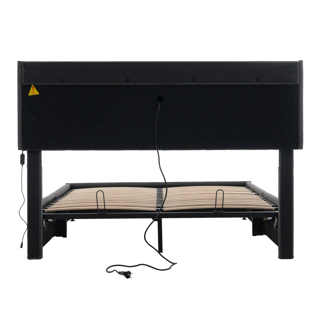 Letto imbottito 140 x 200 cm grigio con testiera contenitore, LED e ricarica USB
