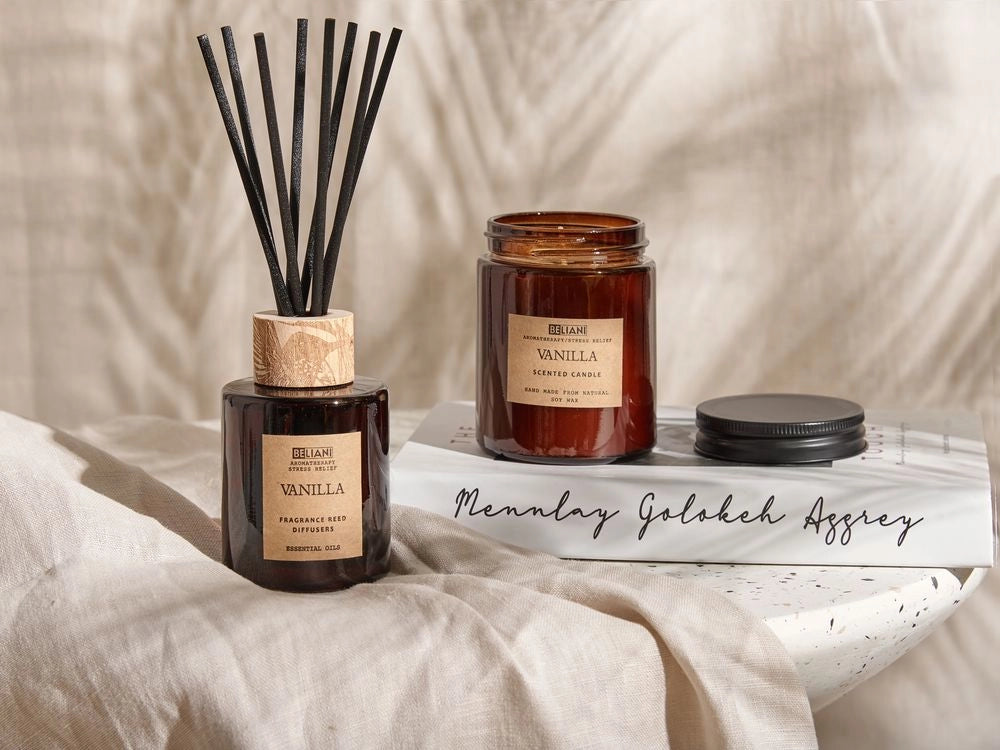 Set di fragranze Candela e diffusore di ancia Bastoncini profumati 100% cera di soia Stoppino di cotone Vetro Vaniglia Orientale