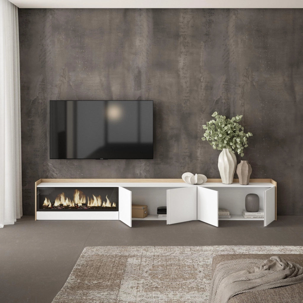 Mobile TV Soggiorno, 315x50x35 cm, Per TV fino a 80", Camino elettrico XXL, Bianco e Rovere soft