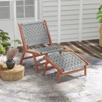 Poltrona da Giardino con Poggiapiedi, Sedia Relax in Legno di Acacia e Corda Rattan Sintetico, Naturale e Grigio