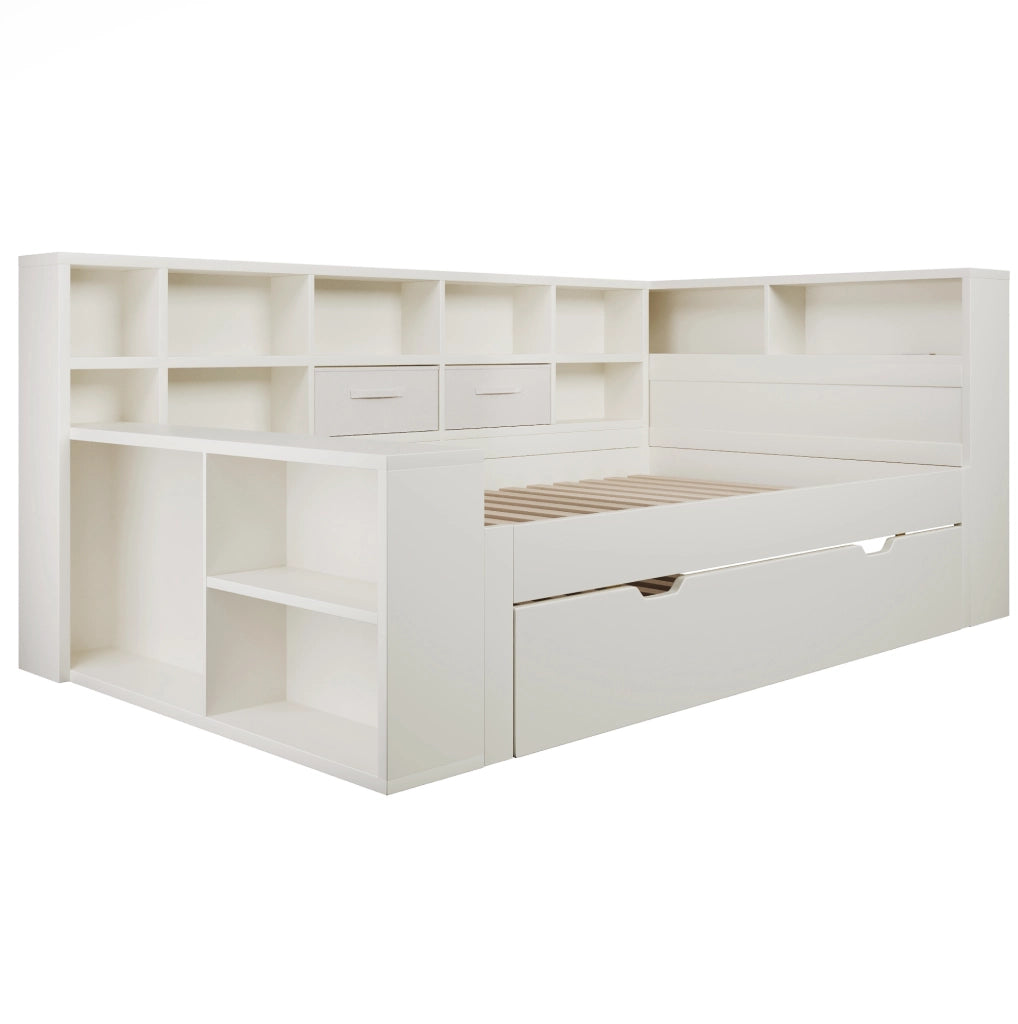 Letto singolo 90x190 con letto estraibile, USB/Type-C e vani portaoggetti, bianco