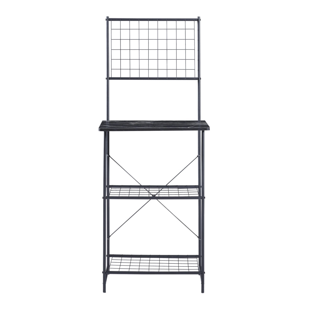 Scaffale da Cucina 'Nibe' Mobile da Stoccaggio Supporto per Microonde Organizzatore da Cucina con Parete a Griglia e Ripiani - Nero / Effetto Marmo [en.casa]