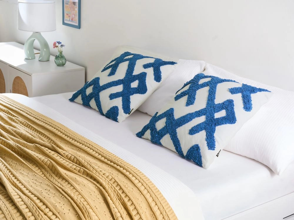 Set di 2 cuscini decorativi in cotone blu e bianco con motivo geometrico 45 x 45 cm Coperta rimovibile Accessori moderni per la camera da letto Soggiorno