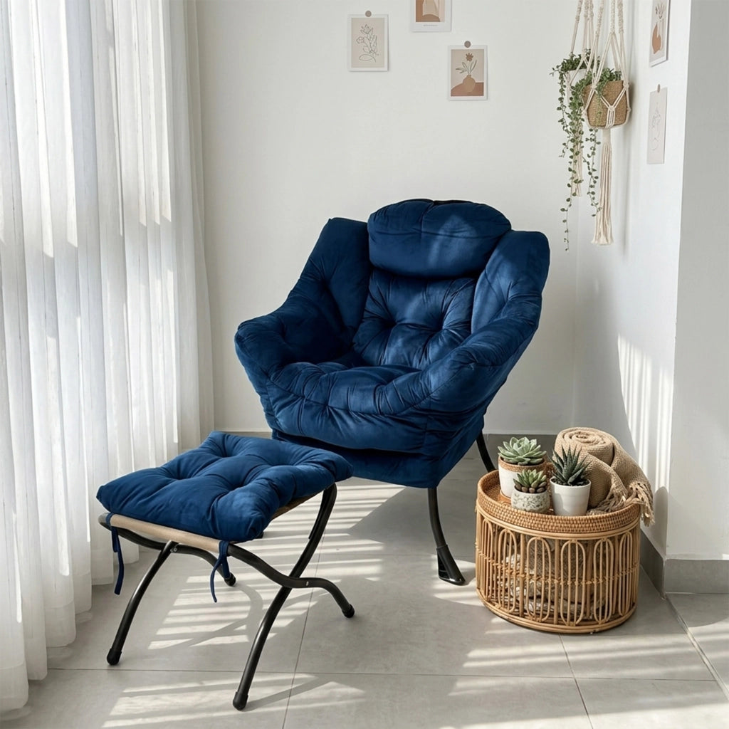 POLTRONA Relax con Pouf 70x77x20 cm Tessuto Blu Scuro