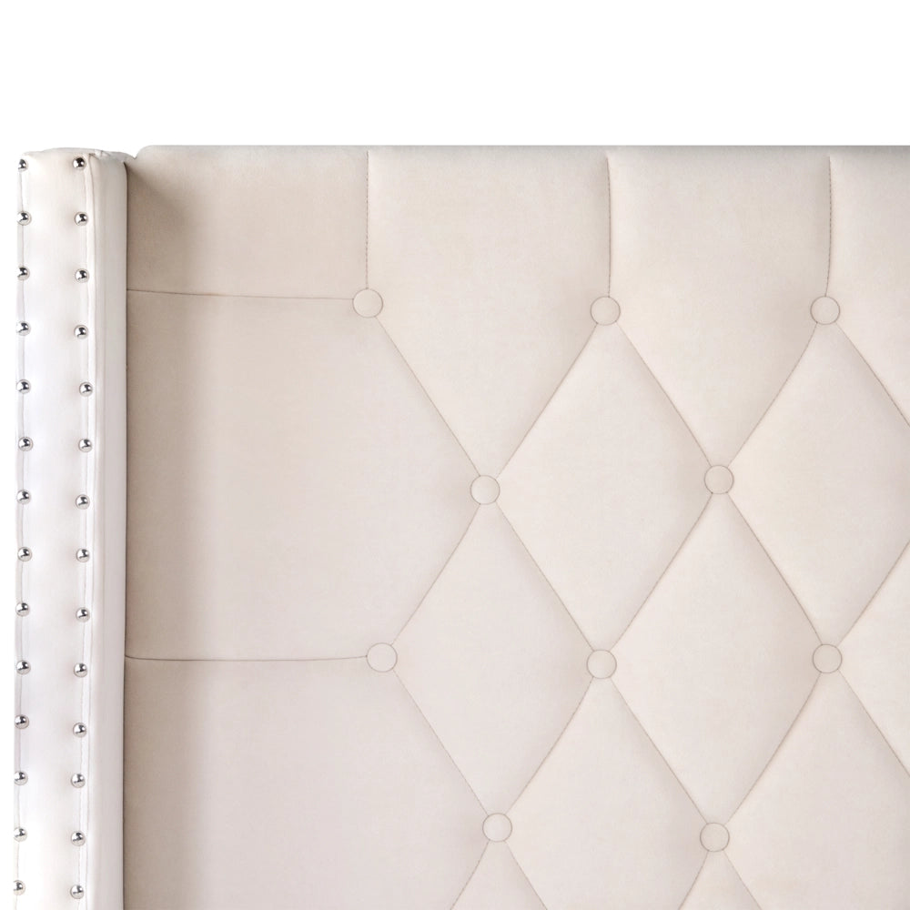 Letto matrimoniale a doghe velluto bianco sporco imbottito trapuntato poggiatesta 160 x 200 cm stile glamour elegante