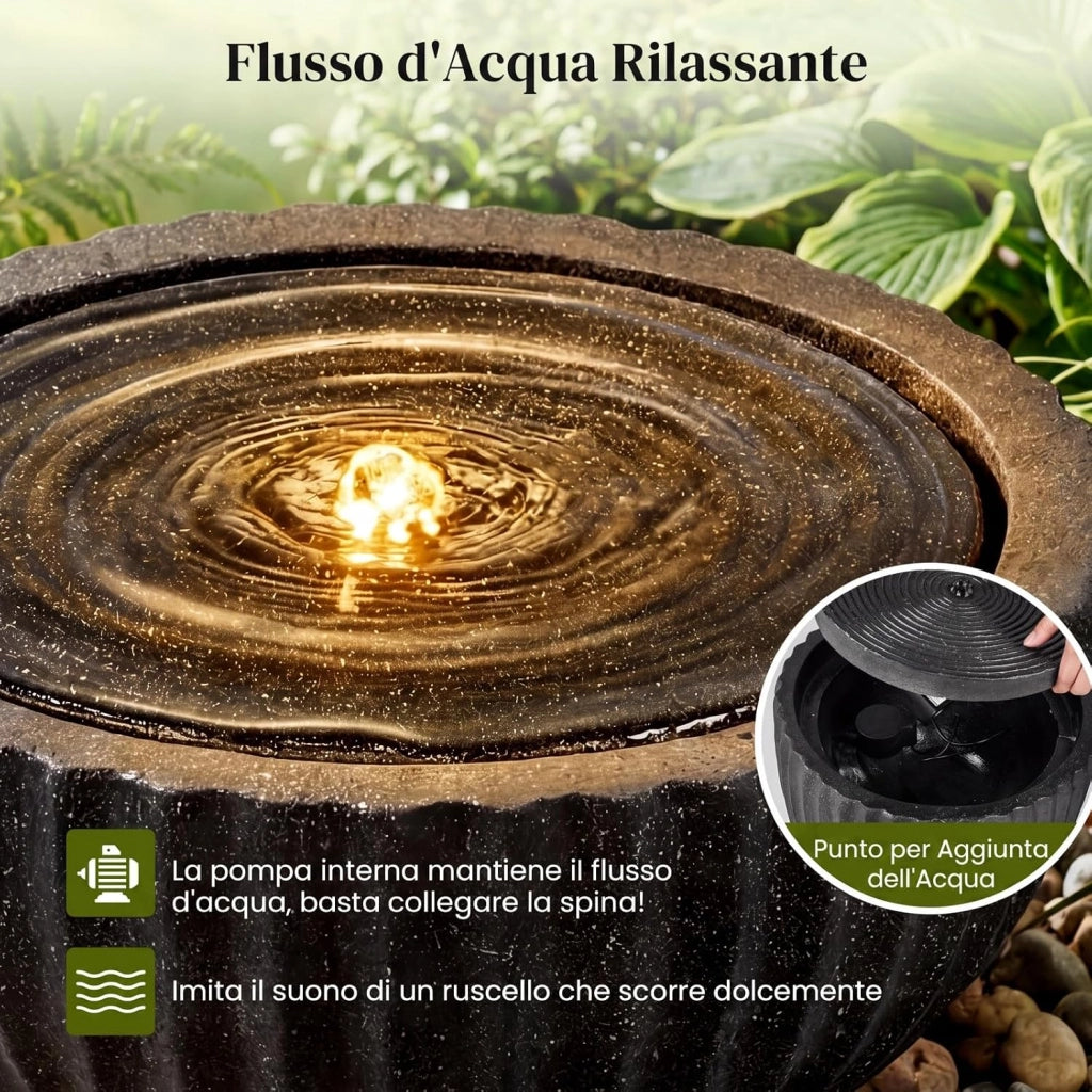 Fontana da Giardino, Fontanella Elettrica da Interno ed Esterno con Luci e Flusso d'Acqua Regolabile, Fontana a Forma di Ciotola con Effetto di Pietra da Terrazza e Balcone