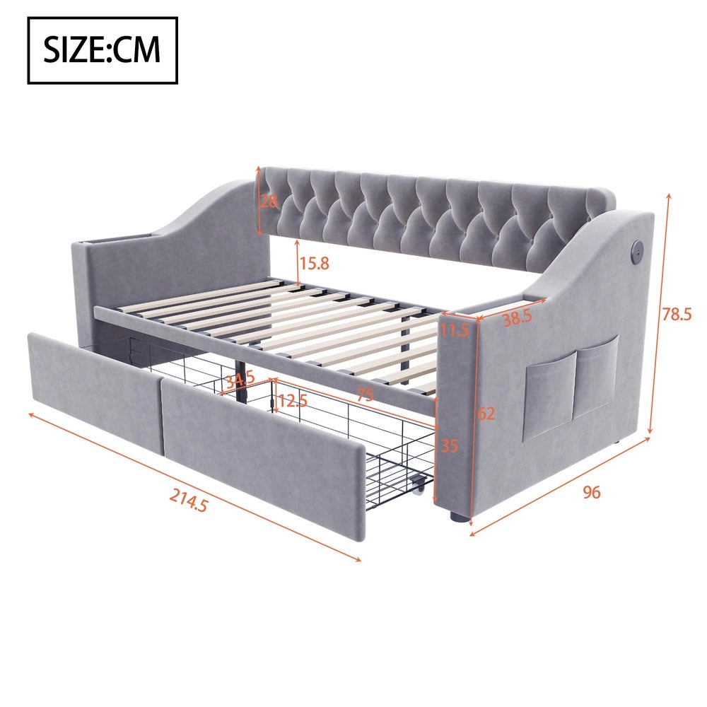 Letto Imbottito Singolo con Cassetto e USB ¨C MINIMAL ¨C Velluto Grigio Chiaro 90x190