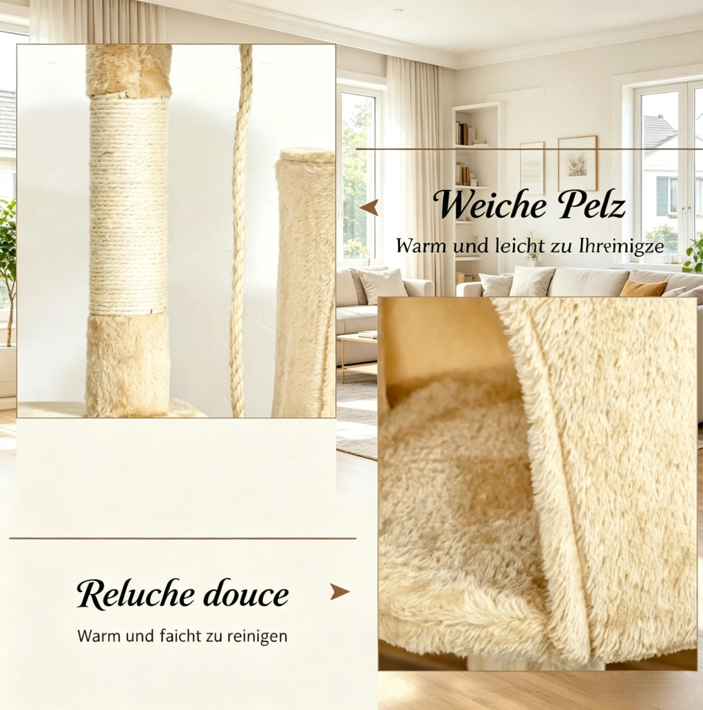 Albero tiragraffi beige 114 cm con nicchia, amaca e piattaforme